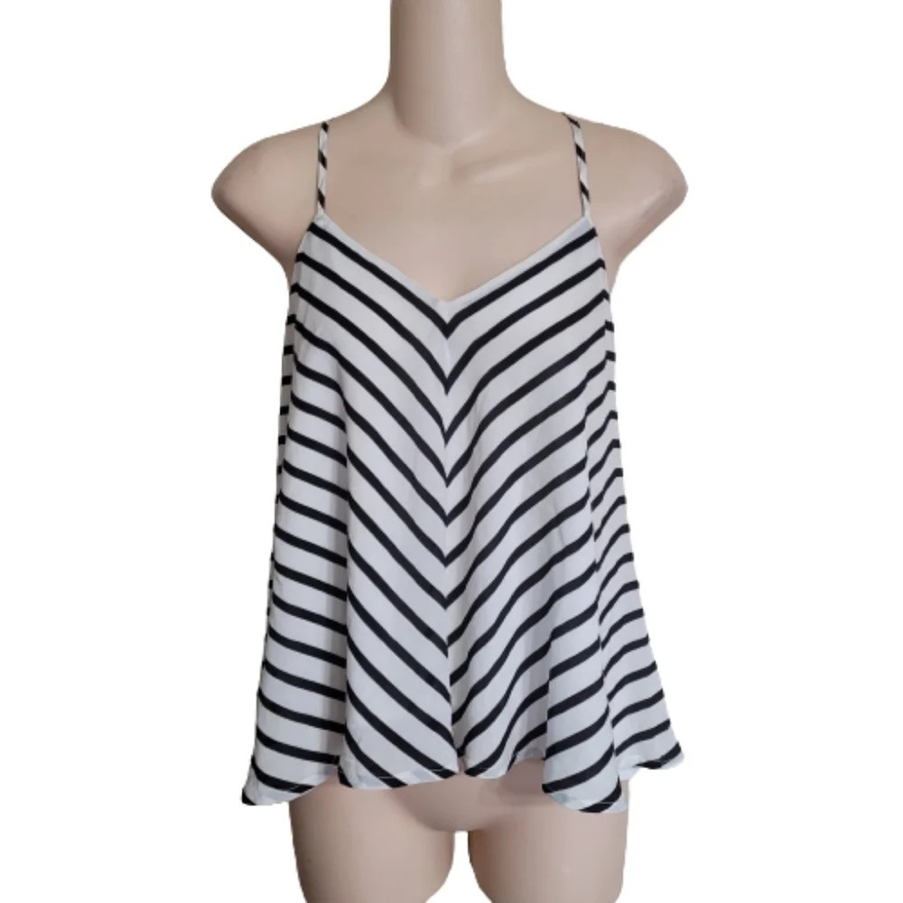 Olivaceous Silk Black White Striped Sleeveless Open Back Top Size Women's Medium